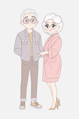 Korean senior couple full length standing. Elderly asian man and woman