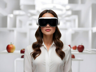 young woman wearing mixed reality headset, vr virtual reality futuristic technology concept, people and lifestyle, isolated on white background