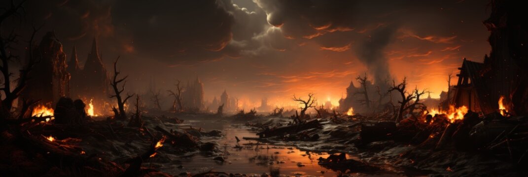 An apocalyptic disaster, a city destroyed by nuclear war, with rubble chaos and burning houses.