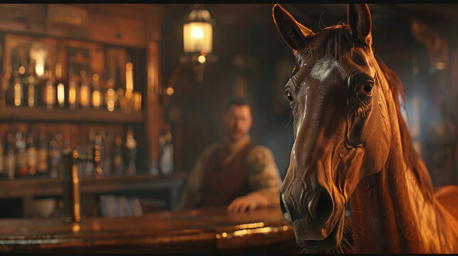 A horse at a bar. Barkeeper in the background
