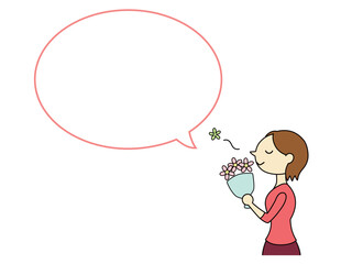 ブーケの香りを楽しむショートヘアの女性　吹き出し付　主線あり