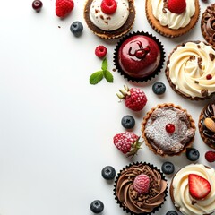 Various cupcakes on white background with copy space. Generative AI.