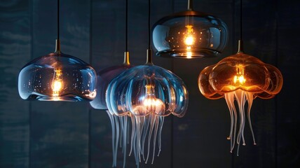 pendant light featuring a hand-blown glass shade that resembles a jellyfish, casting a soft, diffused glow reminiscent of bioluminescence