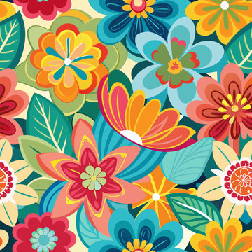 Seamless floral pattern, colorful summer ditsy print with hand drawn flower cartoon plants collection