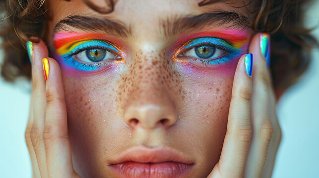 rainbow color makeup on face of a gay, showing lgbtq, Diversity and inclusion, equity and belonging concept	
