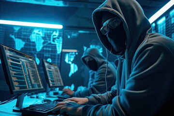 Anonymous criminal hacker organization groups in mask and hoodie. Obscured dark face using laptop computer for cyber attack, hack other people's accounts, darknet and cyber security concept.