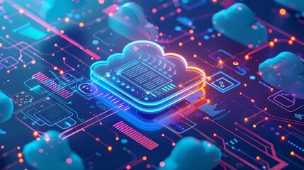A vector art illustration portrays a 3D cloud computing service facilitating the upload and download of data online, set against a backdrop of digital security technology - obrazy, fototapety, plakaty