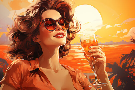 Sunset toast with elegant woman - classic illustration for dining and vacation themes