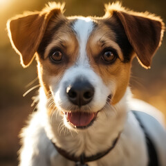 Close-up of a dog with expressive eyes, bathed in warm, golden sunlight