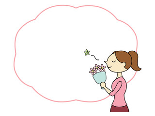 ブーケの香りを楽しむポニーテールの女性　フレーム付　主線あり