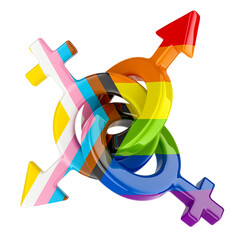 Gender symbols in LGBTQ colors, 3D rendering isolated on transparent background