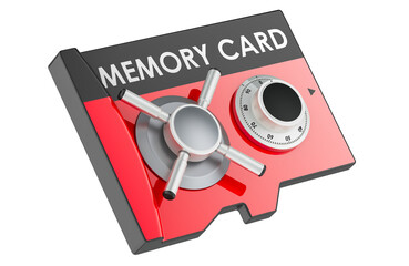 Memory card with safe combination lock, 3D rendering isolated on transparent background