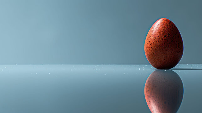 a brown egg sitting on top of a table next to a blue wall with a reflection of it on the surface.