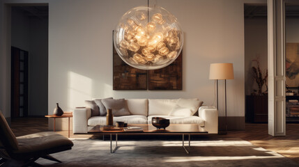 A modern living room with an outstanding lighting fixture that adds charm