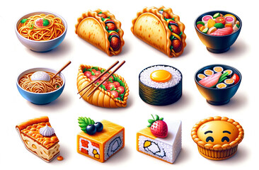 Delectable Array of International Dishes and Desserts in a Whimsical Illustrated Feast. Emoji styled Popular Food Icons Set