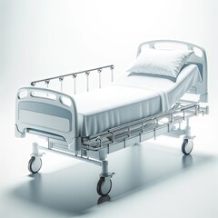 Modern Adjustable Hospital Bed Equipped with IV Drips and Vital Signs Monitor in a Clean Setting in white background.