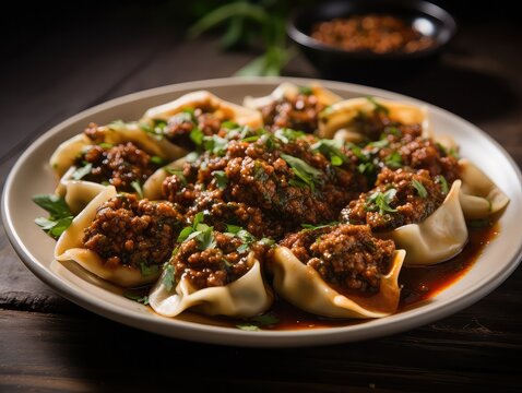 plate of Mantu, traditional Afghan dumplings, prepared with delicate wonton wrappers and filled with a savory mixture of spiced meat. These dumplings are artfully arranged atop a