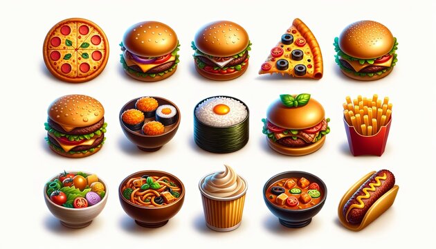 Colorful Illustrated Assortment of Classic Comfort Foods from Around the World. Set of Icons emoji style