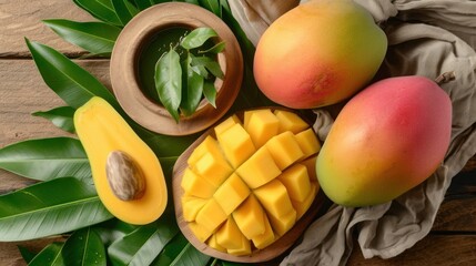 a wooden table topped with sliced mangoes and mangoes next to a bowl of mangoes and a bowl of mangoes.
