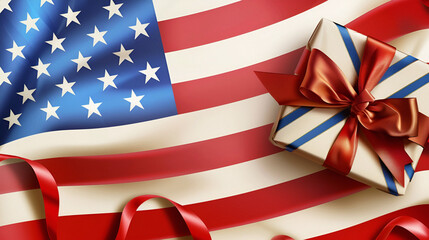 Obraz premium An American flag with a bright gift, symbolizing the pride and joy of national holidays.