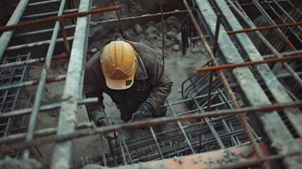 Construction worker in helmet on steel structures