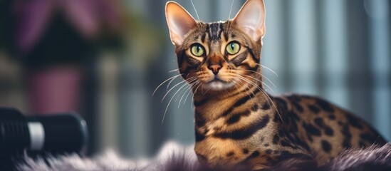 A close-up view of a Bengal cat comfortably laying on a bed in a room. - obrazy, fototapety, plakaty