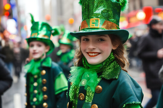 St. Patrick’s Day Celebration, People in Green Outfits. This image is perfect for: st patrick’s day, parade, celebration, costumes, street event, holiday, cultural festival.