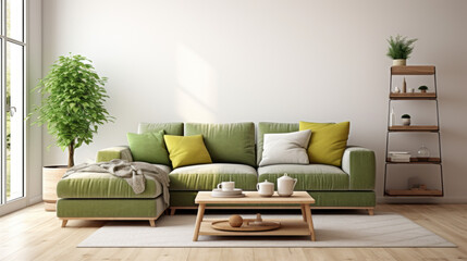 A modern living room with a variety of sustainable furnishings, including a comfortable green sofa, an ottoman, and an array of colorful throw pillows