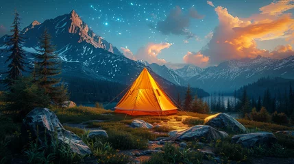 Foto auf Acrylglas Camping in the mountains under the stars. A tent pitched up and glowing under the milky way. © Matthew