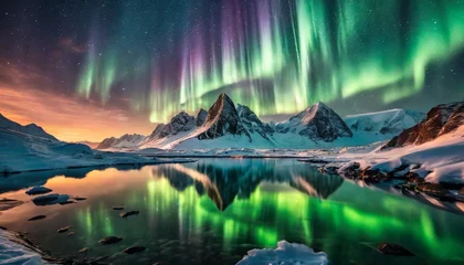 Foto op Canvas Extraordinary Photography: Aurora, Mountains, and Reflection in Harmony  © Anita