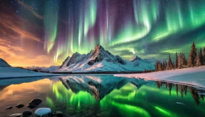 Kissenbezug Aurora Borealis over Snow-Capped Mountains, Reflected in Water © Anita
