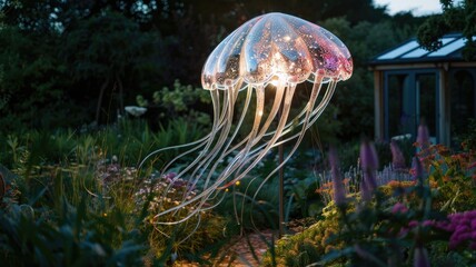 serene garden scene with handcrafted jellyfish wind chimes, their ethereal forms and sparkling tendrils catch the soft glow of the setting sun.