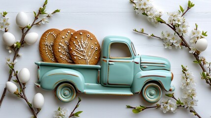 a cookie in the shape of a truck with cookies in the bed of the truck on the bed of the truck.