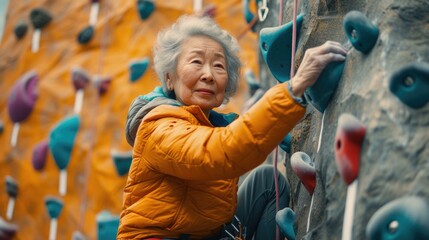 An older woman climbing on a rock wall. Generative AI.