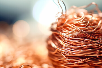 A large bobbin of orange copper wire is neatly stored in a well lit warehouse, ready for use in electrical projects and industrial applications. - obrazy, fototapety, plakaty