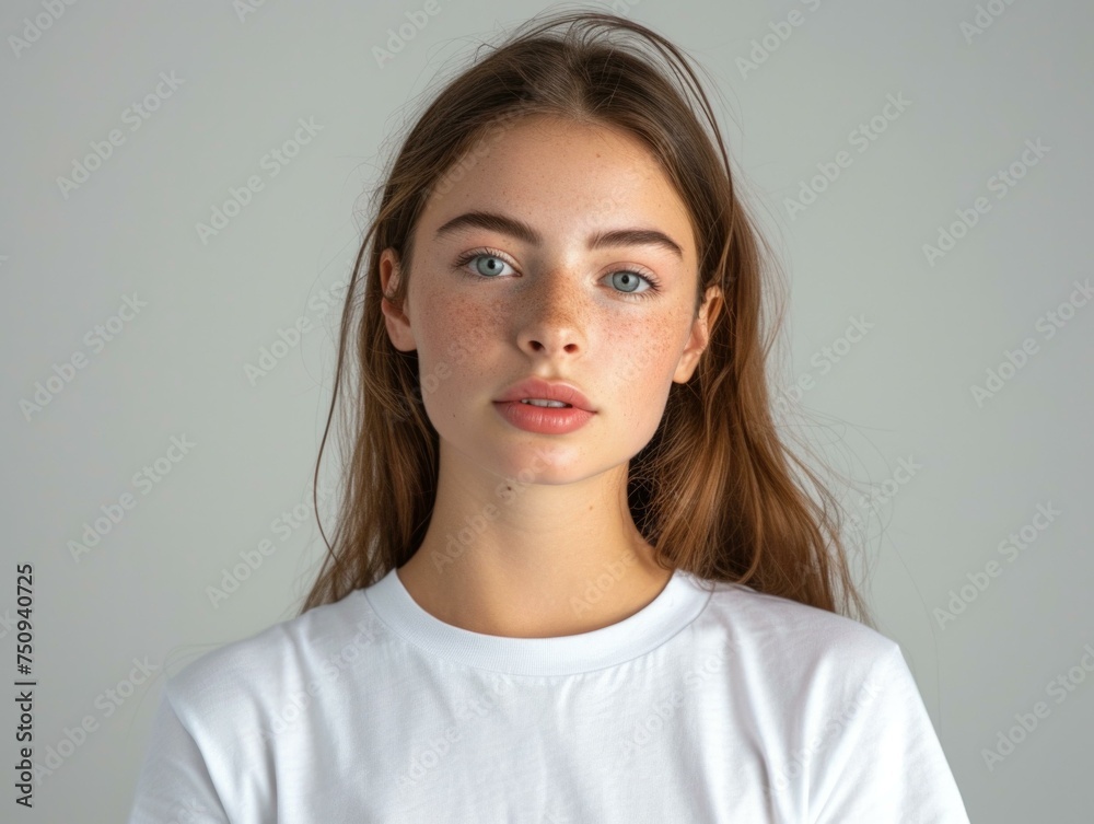 Canvas Prints A young woman with freckles in a white t - shirt. Generative AI.