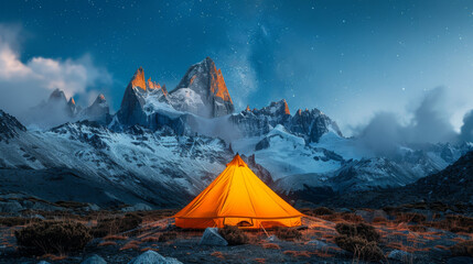 Camping in the mountains under the stars. A tent pitched up and glowing under the milky way. - obrazy, fototapety, plakaty