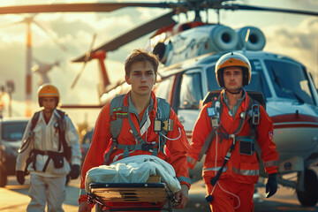 Focused rescue team in uniform with medical equipment ready by helicopter for emergency response at sunset