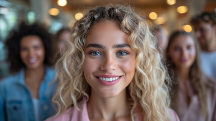 Obraz premium beautiful young woman with blonde curly hair smiling