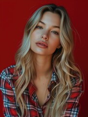 Fototapeta premium Beautiful blonde woman in red plaid shirt. Generative AI.