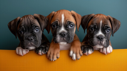beautiful little boxer puppies hiding behind the sofa - 750940972