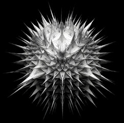 3D render with surreal alien fractal cubical organic organisms based on cubical shapes and patterns with sharp spikes in white plastic material with metal wire on a black background