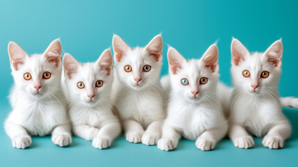 beautiful 5 little white persian cats laying down and looking forward
