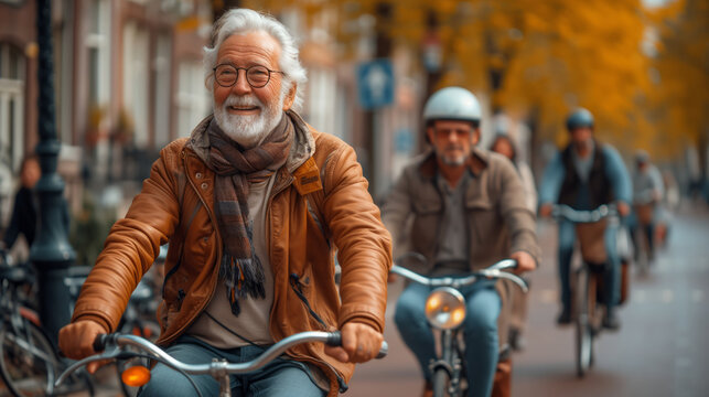 picture of old people riding their bikes, being happy and smiling