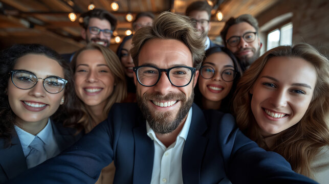 happy office group smiling and taking a selfie
