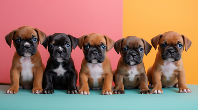 picture of 5 adorable little boxer dogs sitting on colorful background