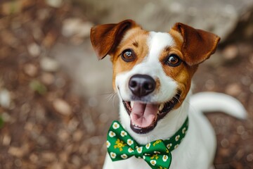 Cute funny dog wearing green festival costume elements for St. Patrick's day celebration