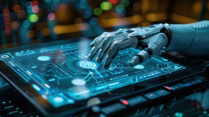 Close-up Of A Robot's Hand Typing On Laptop, Blue holographic screen artificial design concept.