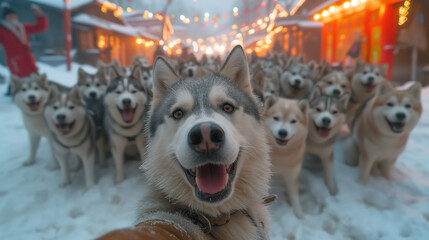adorable team of husky dogs taking a selfie with tongue exposed