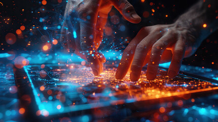 modern technology concept, human hands working on screen of an ipad with dotted lights showing wireless connection, Time, eternity, universe concept  - obrazy, fototapety, plakaty
